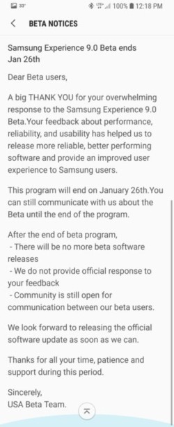 “Beta programma voor de Galaxy S8 en S8 Plus stopt op 26 januari.”