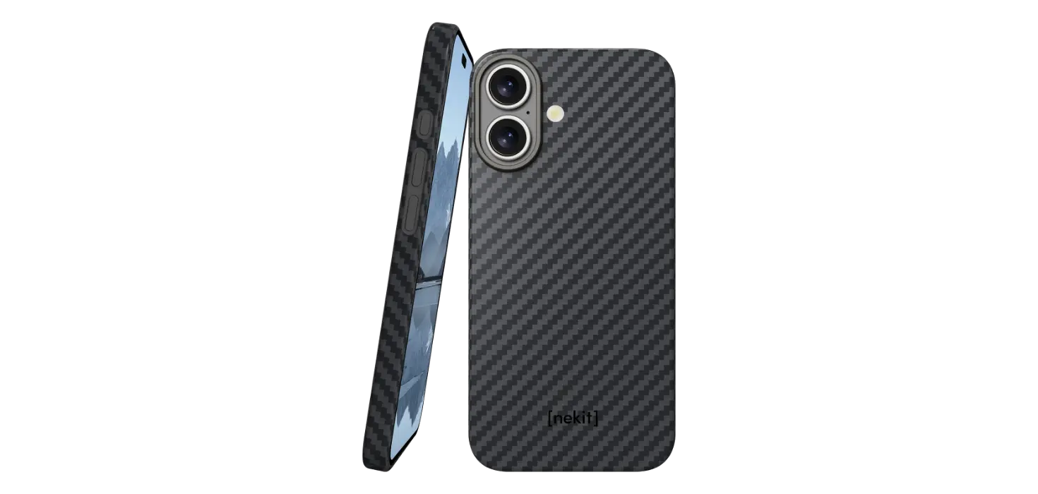 Buddi Core Een afbeelding waarop de NEKIT fiber iPhone 17 case telefoonhoesje te zien is