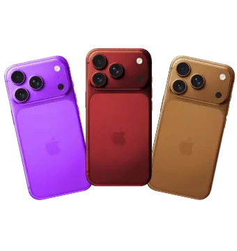 Een afbeelding waarop een leak te zien is van het design van de iPhone 18. De afbeelding bevat 3 toestellen, 1 in de kleur paars, de ander bruin en de ander burgendy