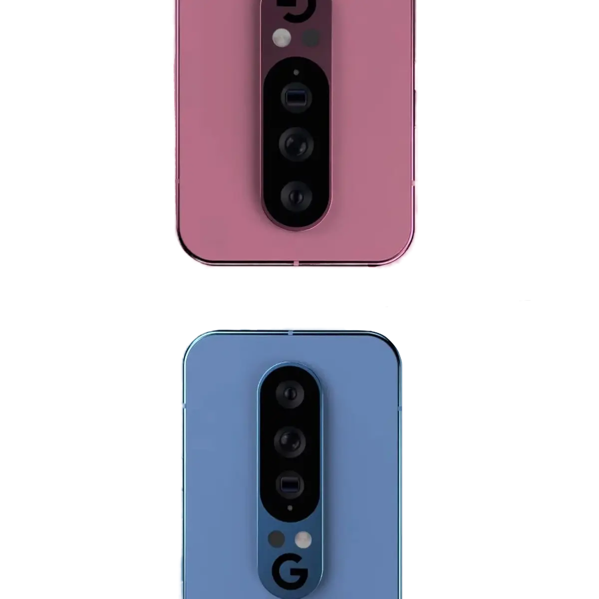 Een afbeelding waarop twee kleurvarianten van de Google Pixel 10 series te zien zijn, de verwachte camera is hier ook te zien