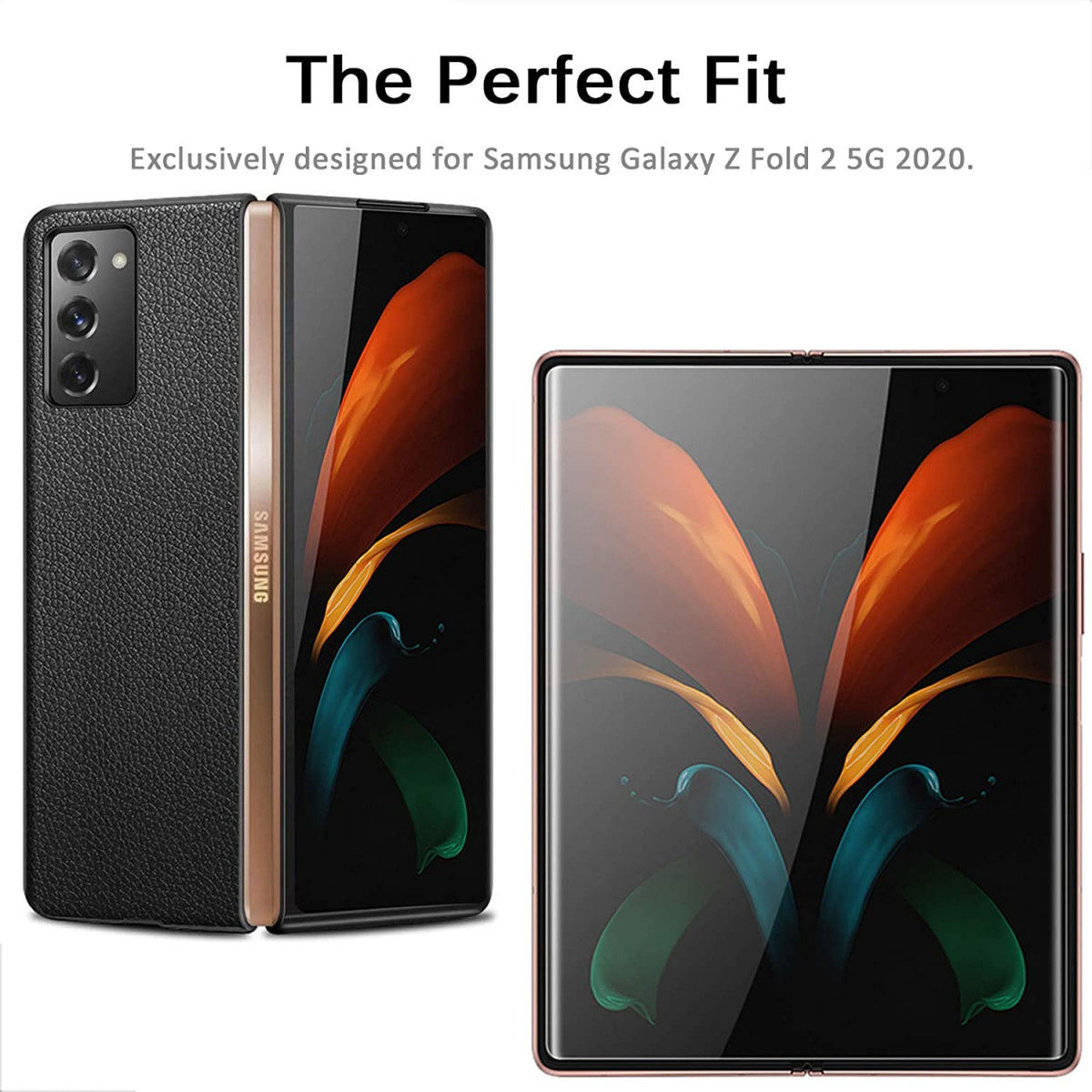 Samsung Galaxy Z Fold 2 Hoesje Litchi Skin Back Cover Zwart afbeelding 2