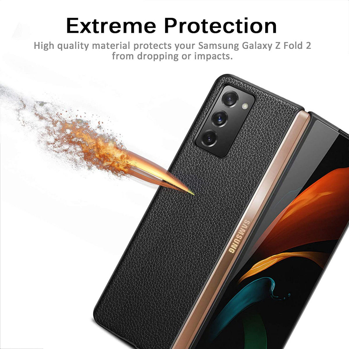 Samsung Galaxy Z Fold 2 Hoesje Litchi Skin Back Cover Zwart afbeelding 6