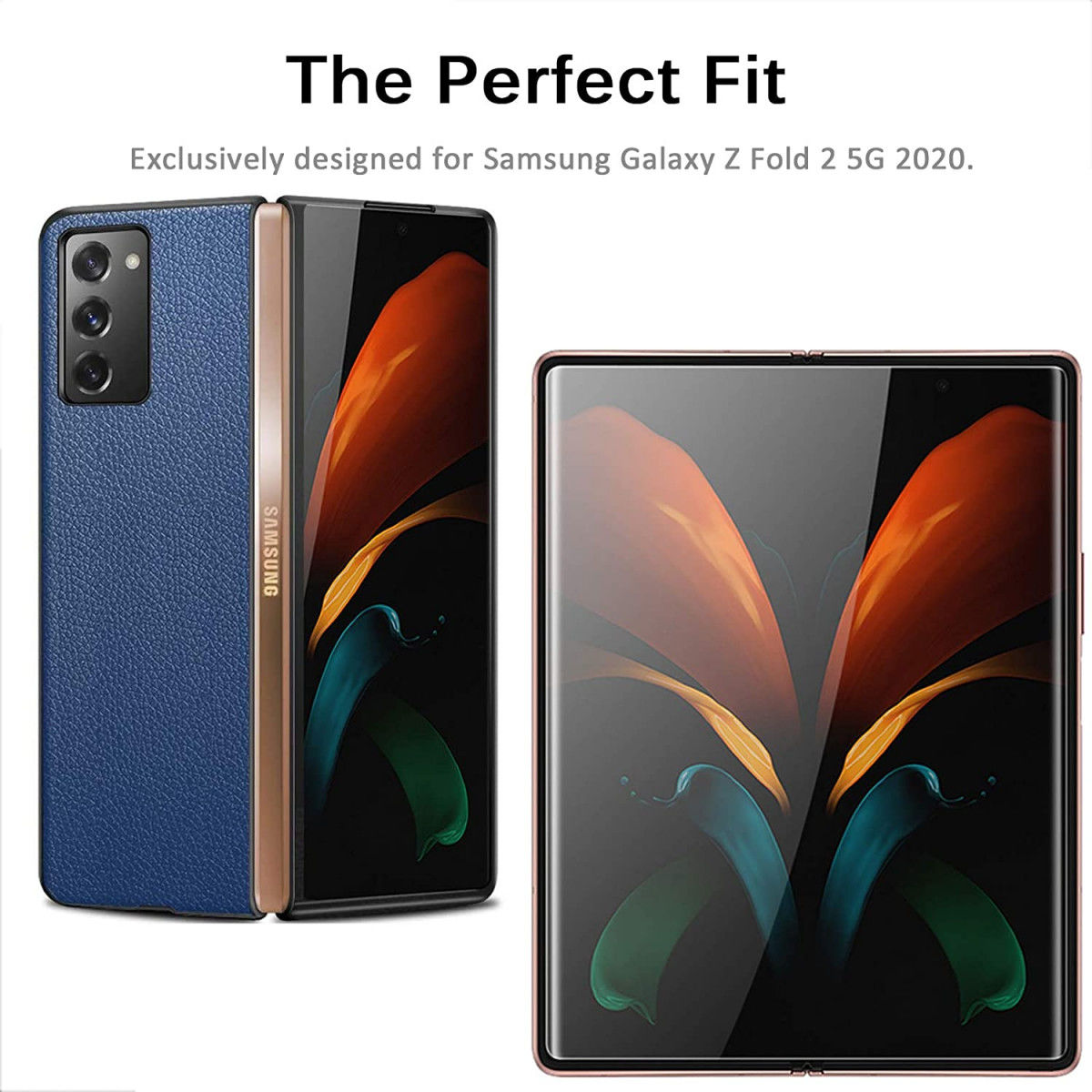 Samsung Galaxy Z Fold 2 Hoesje Litchi Skin Back Cover Blauw afbeelding 2
