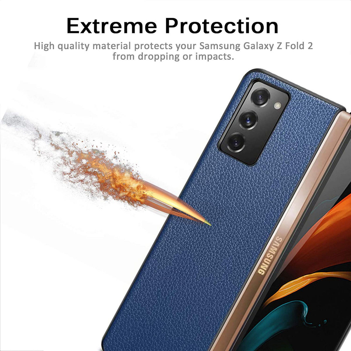 Samsung Galaxy Z Fold 2 Hoesje Litchi Skin Back Cover Blauw afbeelding 6