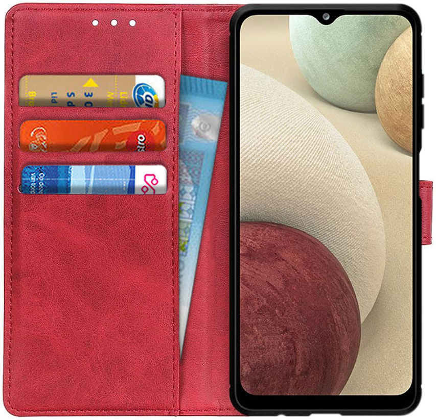 Samsung Galaxy A12 Hoesje Wallet Stand Kunst Leer Rood afbeelding 1