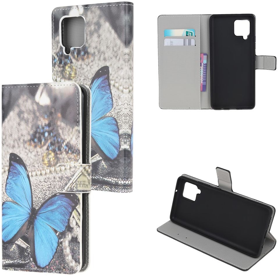 Samsung Galaxy A12 Portemonnee Hoesje Vlinder Blauw Print afbeelding 3