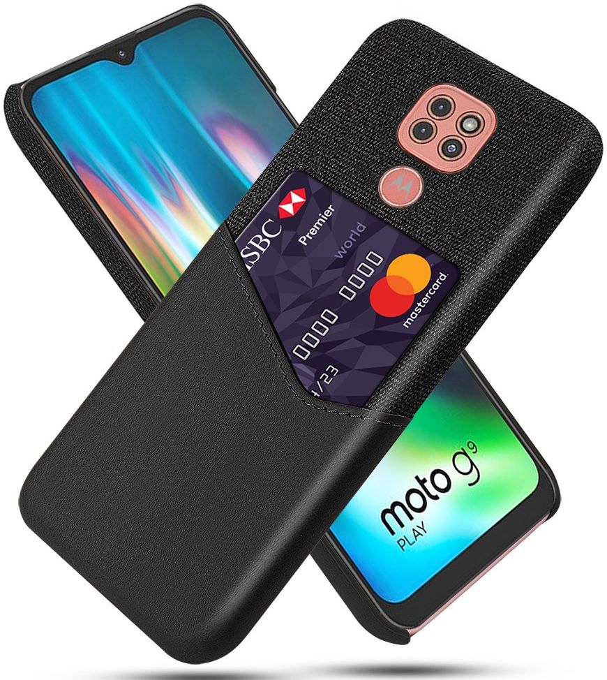 Motorola Moto G9 Play Kunstleer en Stof Hoesje met Kaarthouder Zwart afbeelding 1