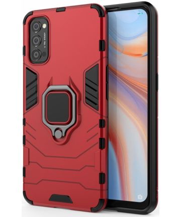 Oppo Reno 4 5G Hoesje Shock Proof Back Cover Met Kickstand Ring Rood Hoesjes