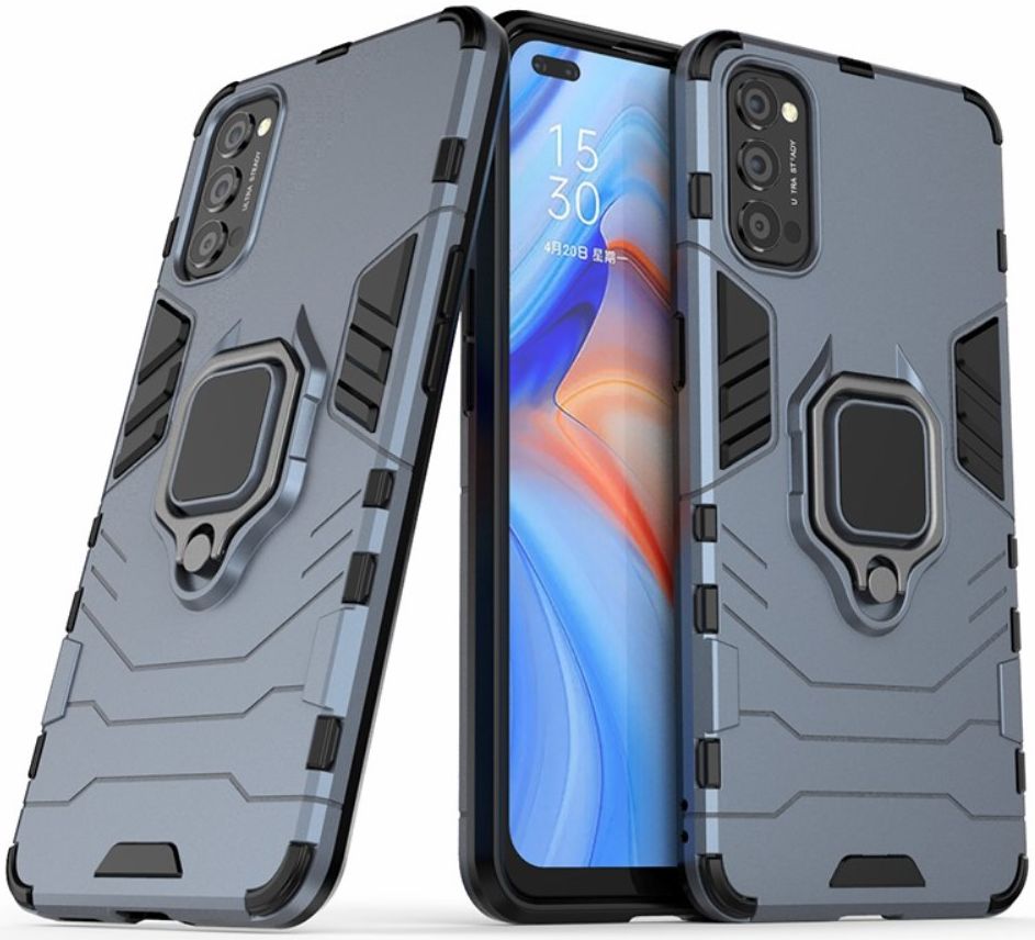 Oppo Reno 4 5G Hoesje Shock Proof Back Cover Met Kickstand Ring Blauw afbeelding 2