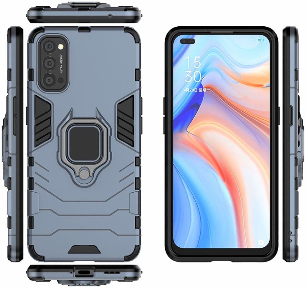 Oppo Reno 4 5G Hoesje Shock Proof Back Cover Met Kickstand Ring Blauw afbeelding 3