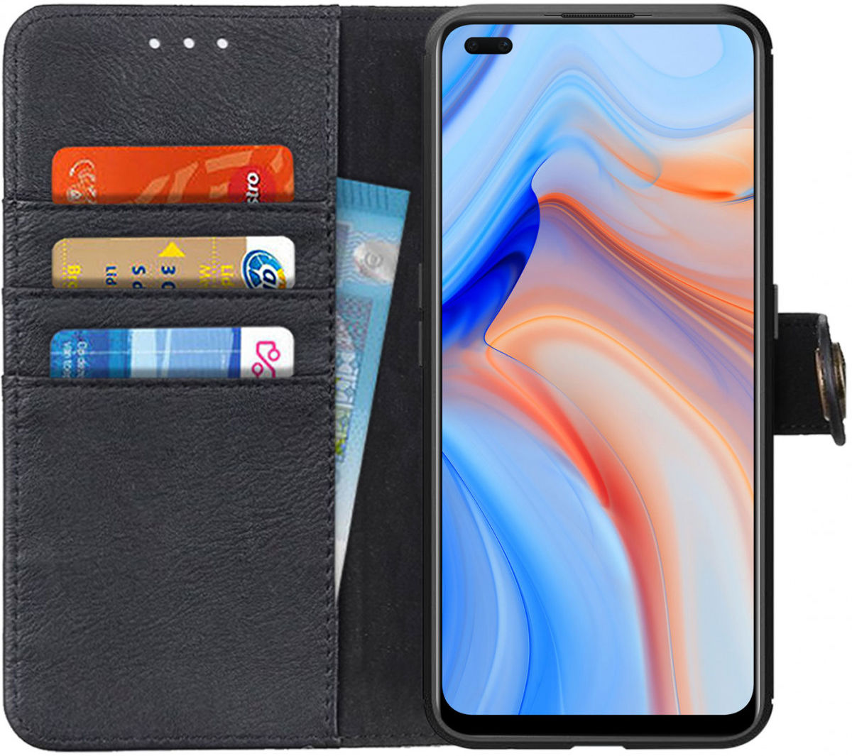 Oppo Reno4 5G Hoesje Retro Wallet Book Case Zwart afbeelding 1