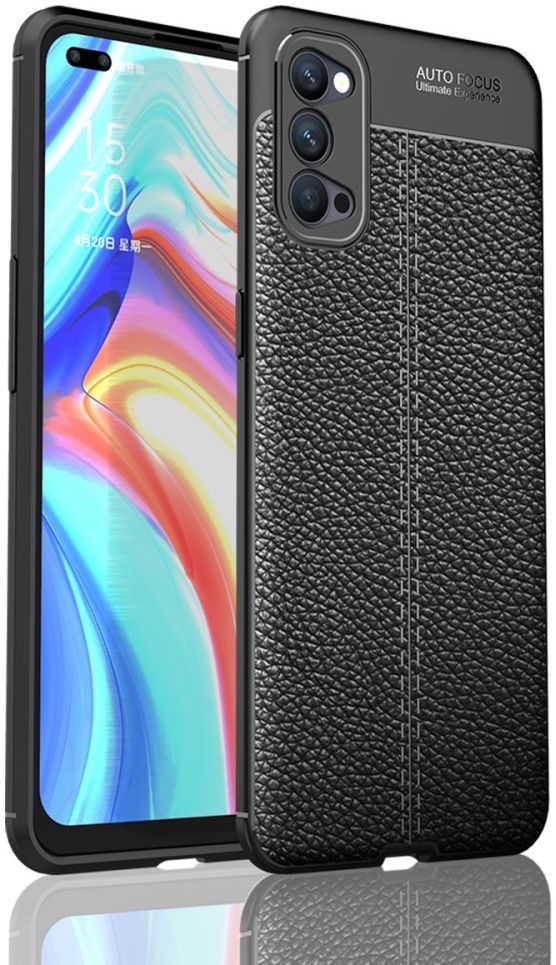 Oppo Reno 4 5G Hoesje Litchi Skin Back Cover Zwart afbeelding 1