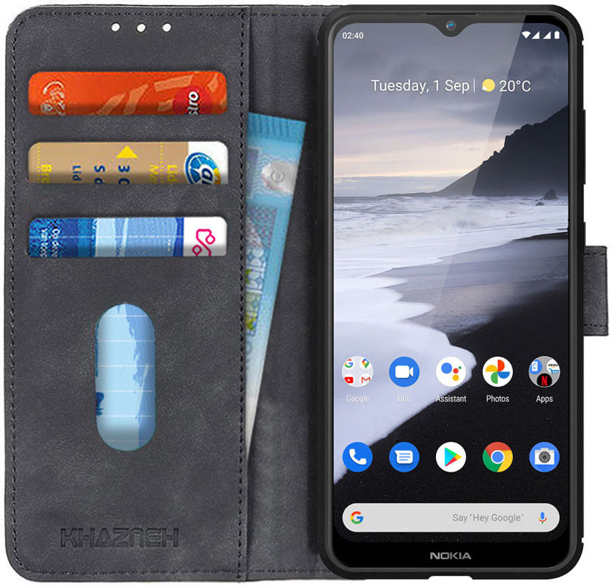 KHAZNEH Nokia 2.4 Hoesje Retro Wallet Book Case Zwart afbeelding 1