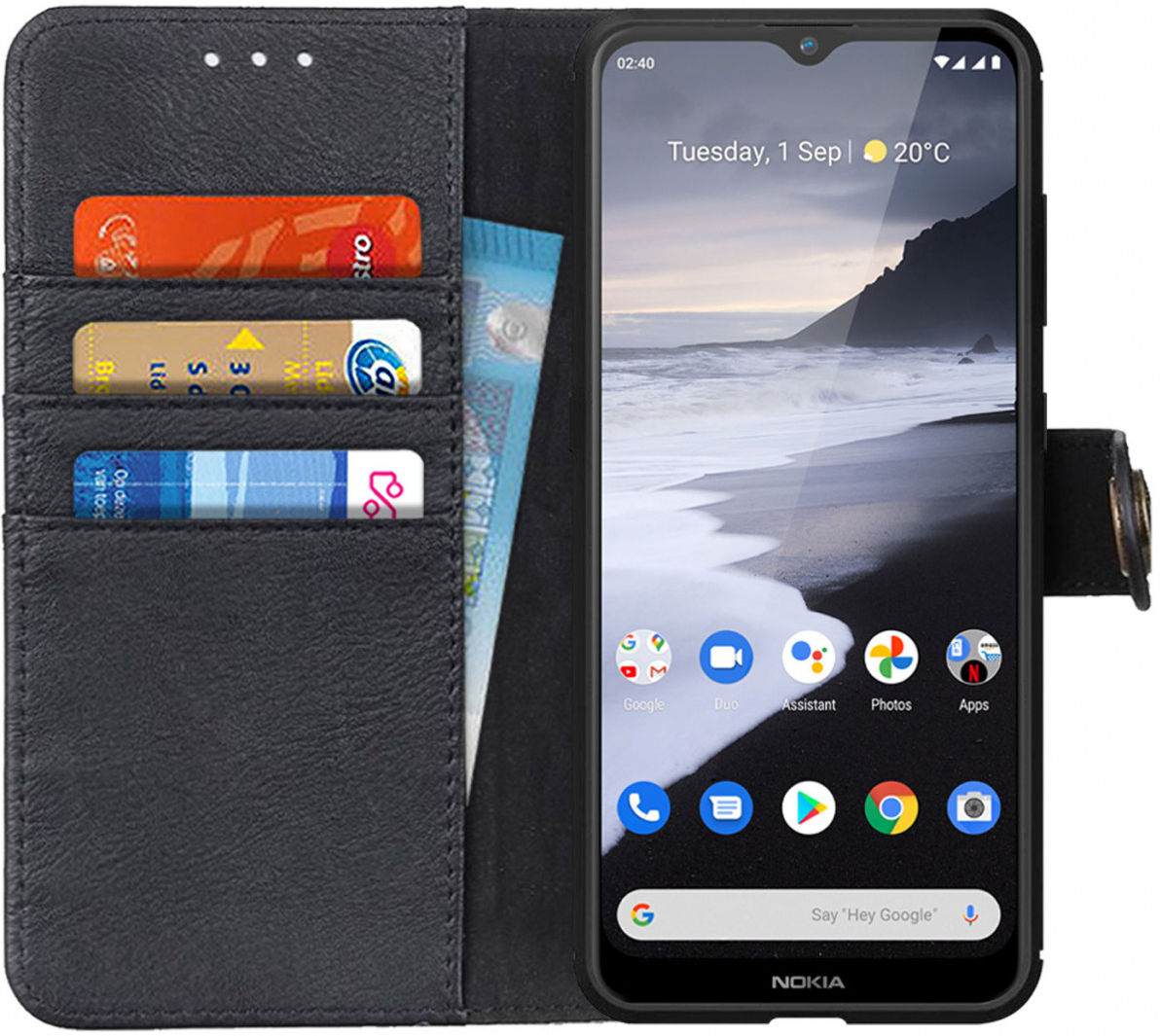 Nokia 2.4 Hoesje Portemonnee met Drukknoop Sluiting Zwart afbeelding 1