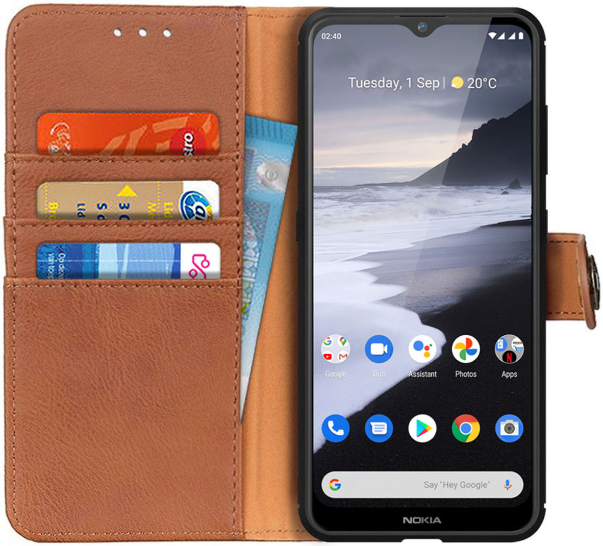 Nokia 2.4 Hoesje Portemonnee met Drukknoop Sluiting Bruin afbeelding 1