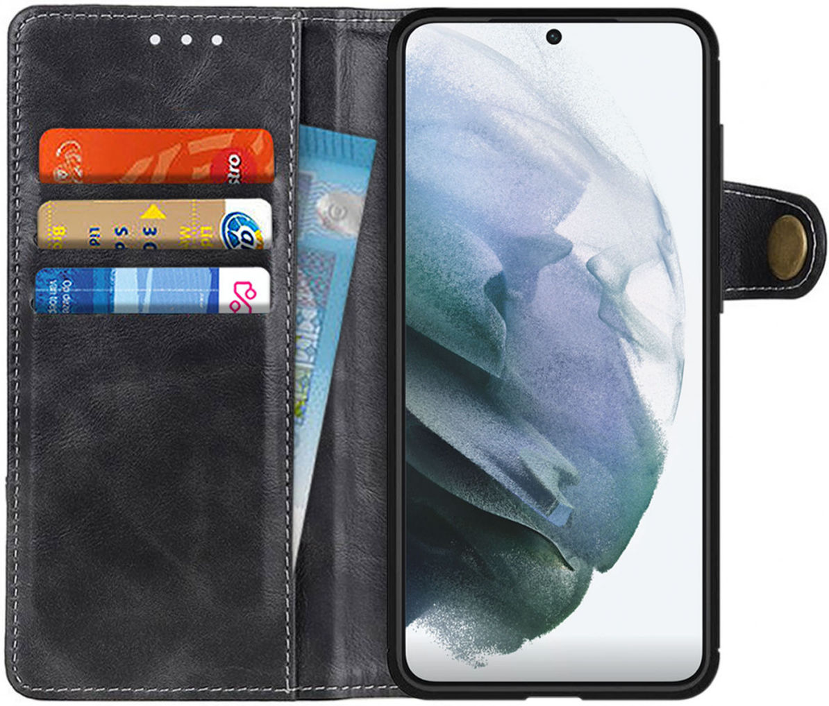 Samsung Galaxy S21 Hoesje Portemonnee met Drukknoop Sluiting Zwart afbeelding 1