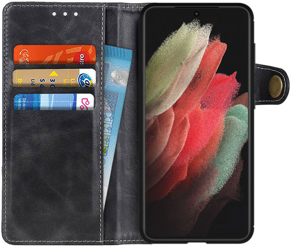 Samsung Galaxy S21 Ultra Hoesje Portemonnee Drukknoop Sluiting Zwart afbeelding 1