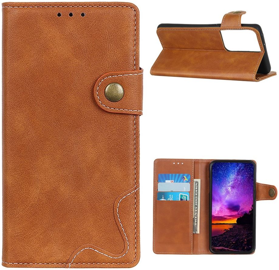 Samsung Galaxy S21 Ultra Hoesje Portemonnee Drukknoop Sluiting Bruin afbeelding 4
