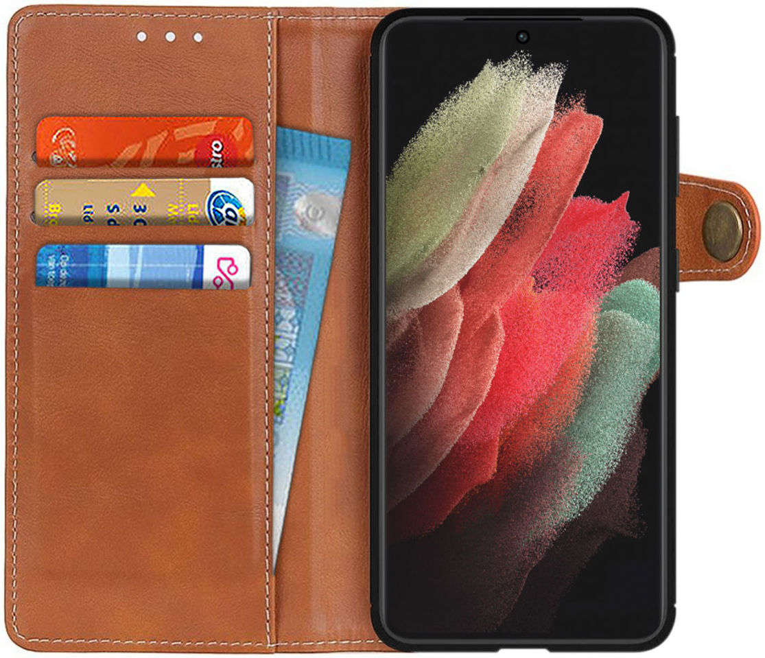 Samsung Galaxy S21 Ultra Hoesje Portemonnee Drukknoop Sluiting Bruin afbeelding 1