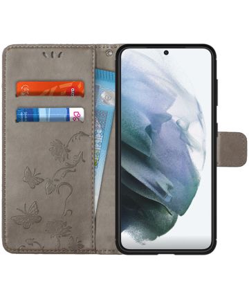 Samsung Galaxy S21 Hoesje Wallet Case met Vlinder Print Grijs Hoesjes