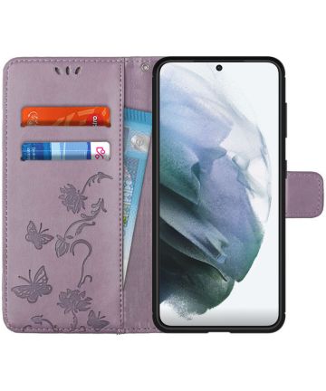 Samsung Galaxy S21 Hoesje Wallet Case met Vlinder Print Paars Hoesjes