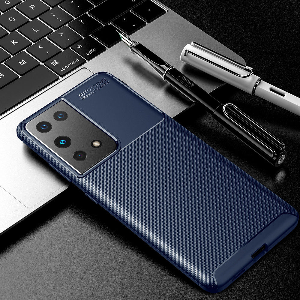 Samsung Galaxy S21 Ultra Hoesje Siliconen Carbon TPU Back Cover Blauw ...