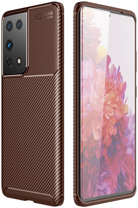 Samsung Galaxy S21 Ultra Hoesje Siliconen Carbon TPU Back Cover Bruin afbeelding 5