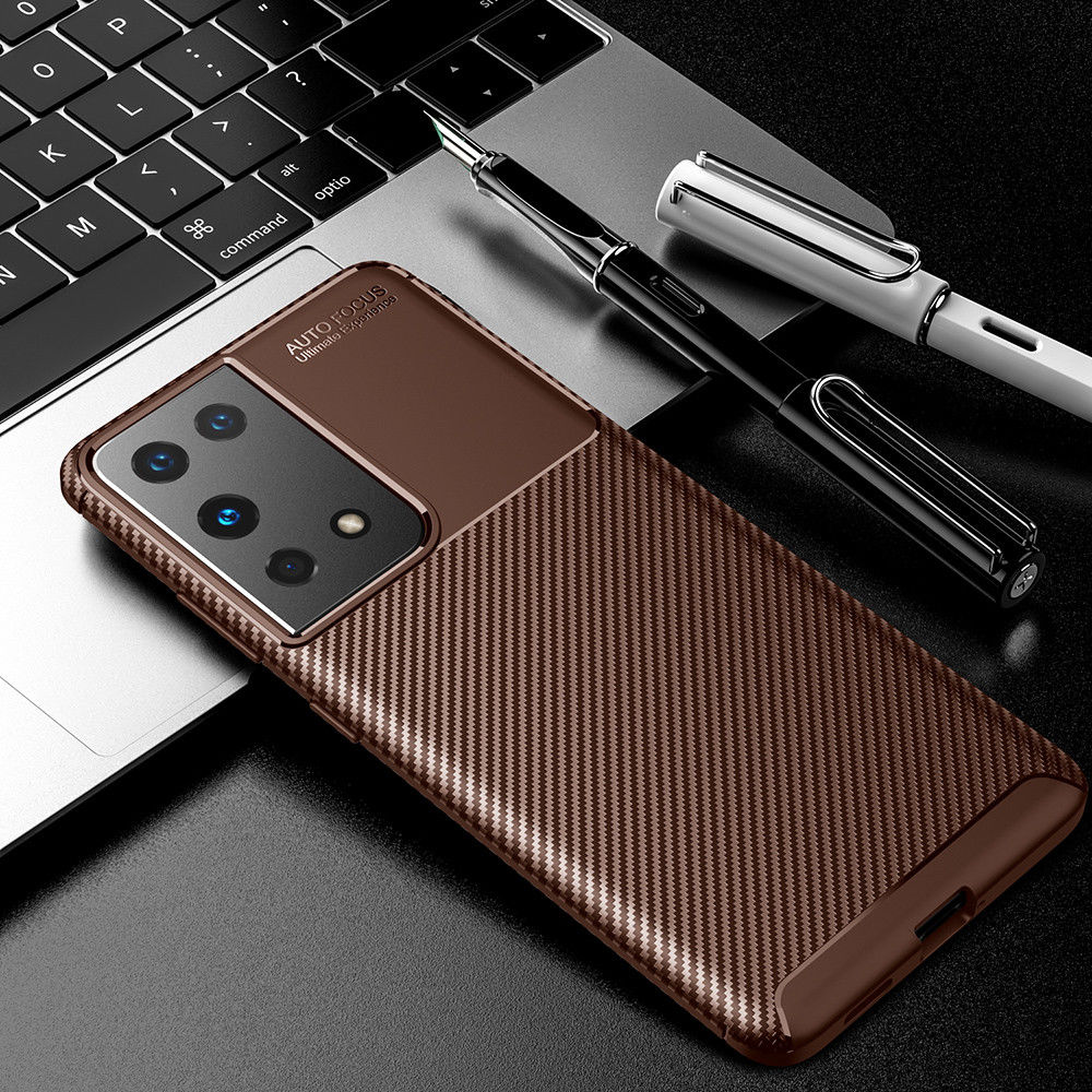 Samsung Galaxy S21 Ultra Hoesje Siliconen Carbon TPU Back Cover Bruin afbeelding 6