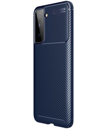 Samsung Galaxy S21 Plus Hoesje Siliconen Carbon TPU Back Cover Blauw Hoesjes