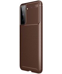 Samsung Galaxy S21 Hoesje Siliconen Carbon TPU Back Cover Bruin