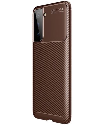 Samsung Galaxy S21 Hoesje Siliconen Carbon TPU Back Cover Bruin Hoesjes