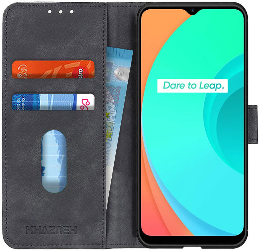 Realme C11 Hoesje Retro Wallet Book Case Zwart afbeelding 1