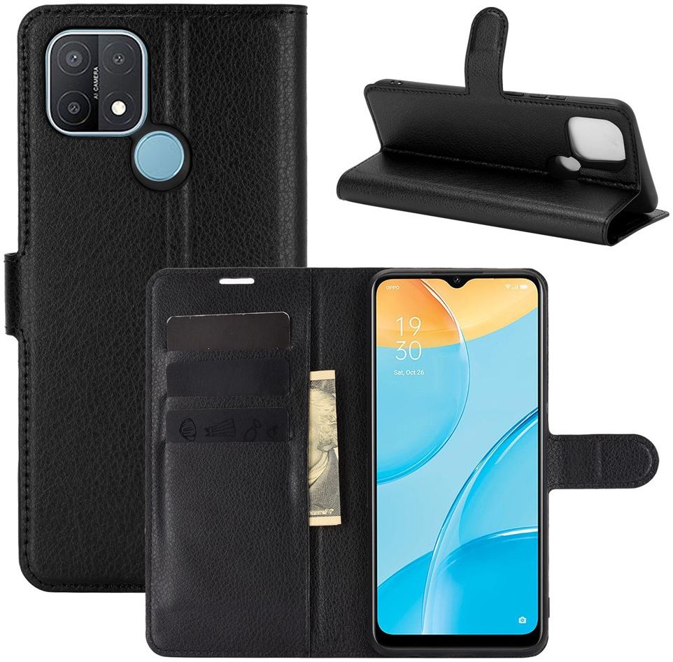 Oppo A15 Litchi Skin Portemonnee Hoesje Book Case Zwart afbeelding 6