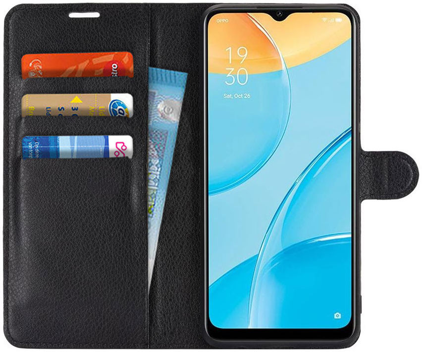 Oppo A15 Litchi Skin Portemonnee Hoesje Book Case Zwart afbeelding 1