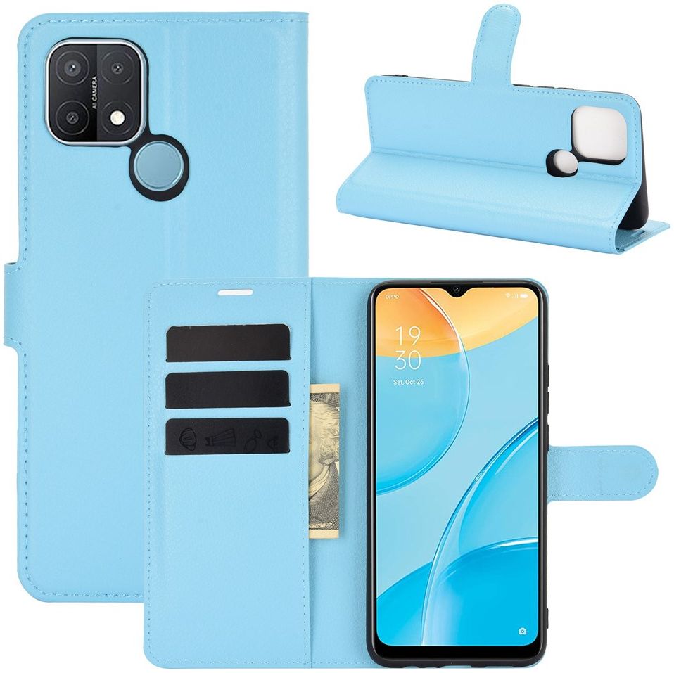 Oppo A15 Litchi Skin Portemonnee Hoesje Book Case Blauw afbeelding 6