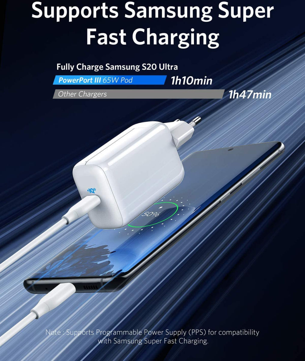 Anker PowerPort III Pod (65W) USB-C Snellader met Travel Kit Wit afbeelding 3