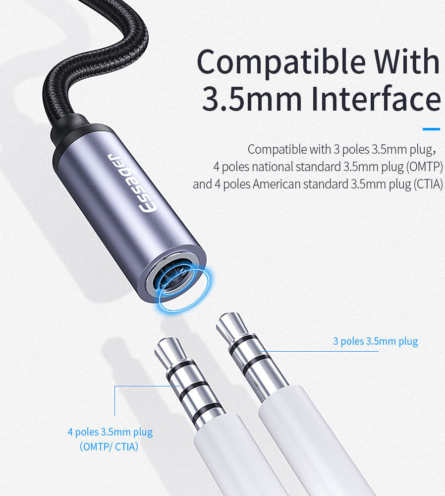 Essager USB-C naar 3.5mm Jack (Female) Aux Kabel DAC Connector Grijs afbeelding 4