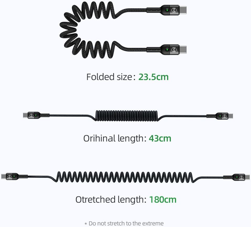 Uitrekbare USB-C naar USB-C Krulsnoer Kabel 60 Watt PD 1.8m Zwart afbeelding 7