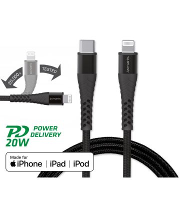 4smarts USB-C naar Apple Lightning Kabel 3 Meter 3A Zwart/Grijs | GSMpunt.nl
