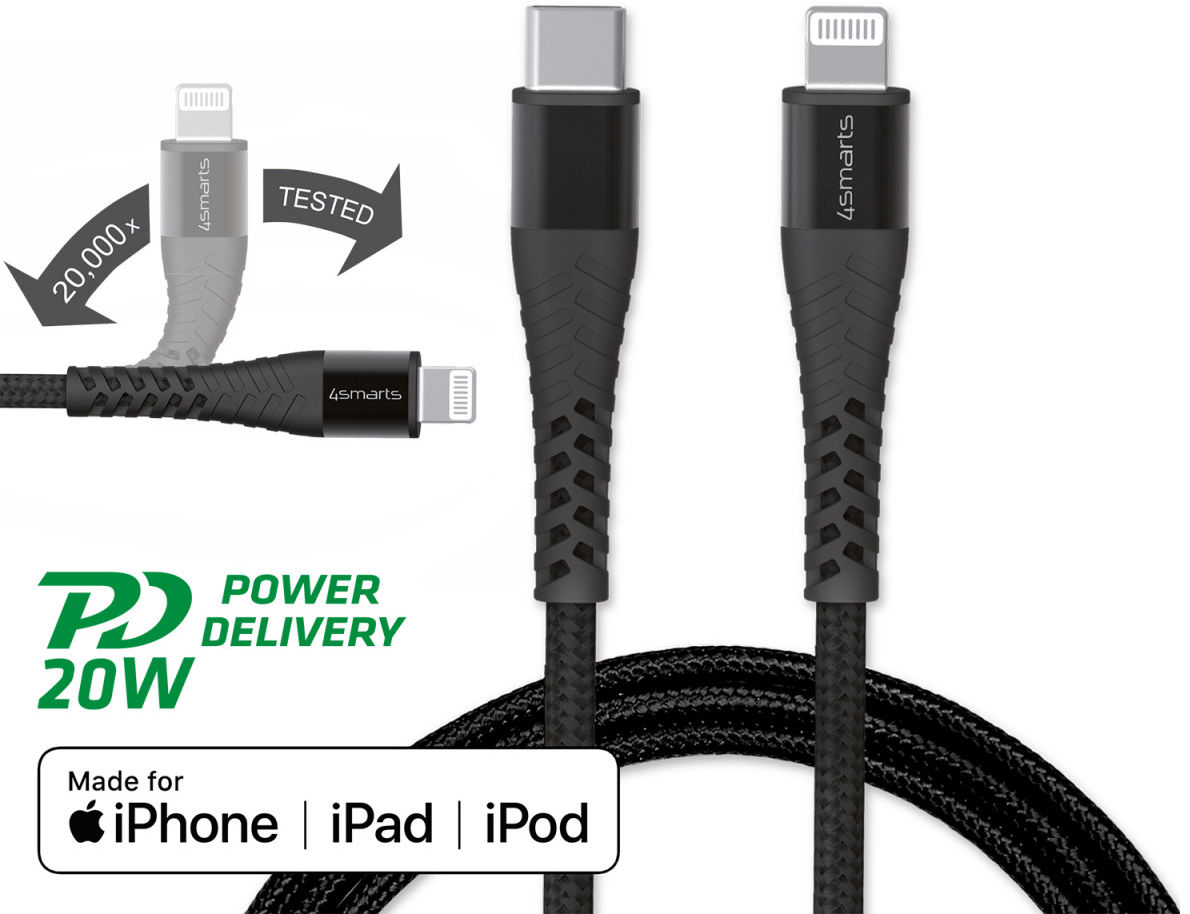 4smarts USB-C naar Apple Lightning Kabel 3 Meter 3A Zwart/Grijs | GSMpunt.nl