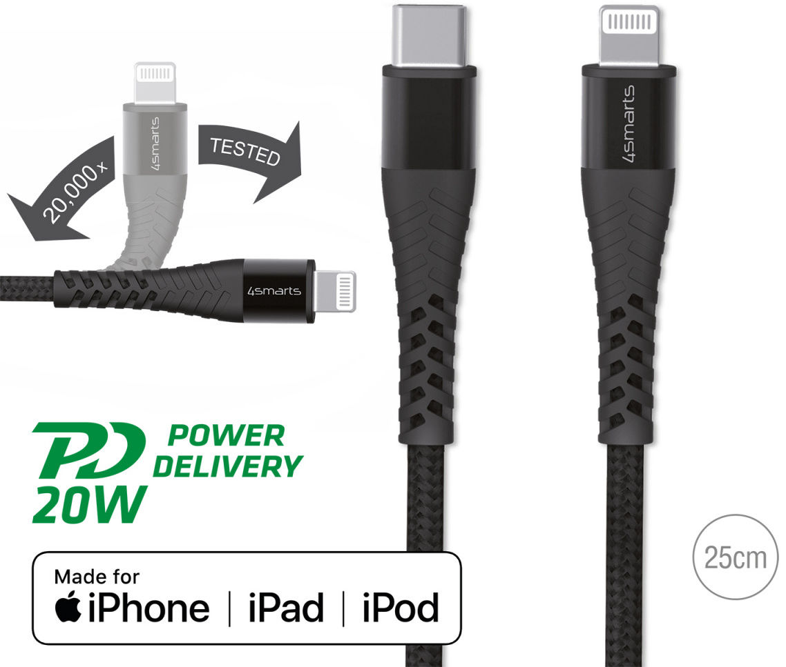 4smarts PremiumCord USB-C naar Lightning MFI Kabel Zwart Grijs 25CM afbeelding 4