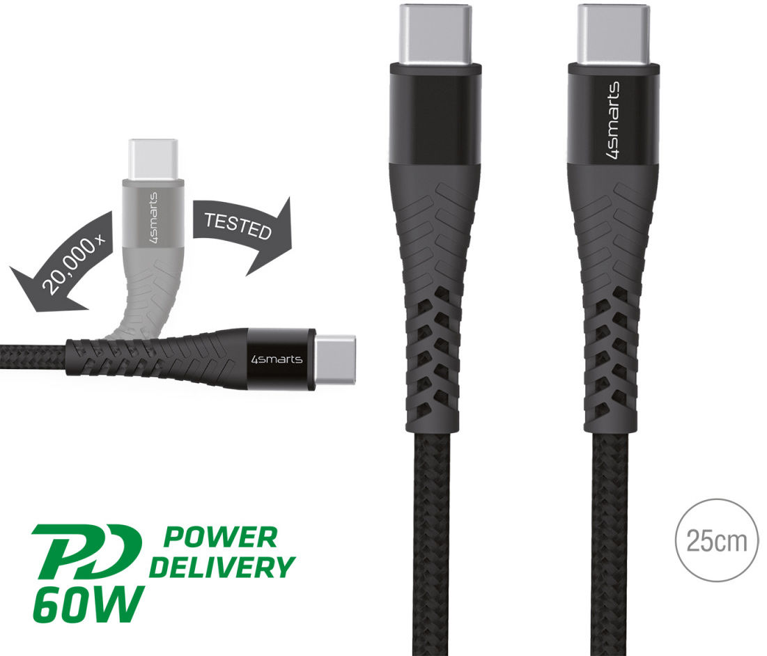 4smarts PremiumCord USB-C naar USB-C Kabel Zwart Grijs 25CM afbeelding 2