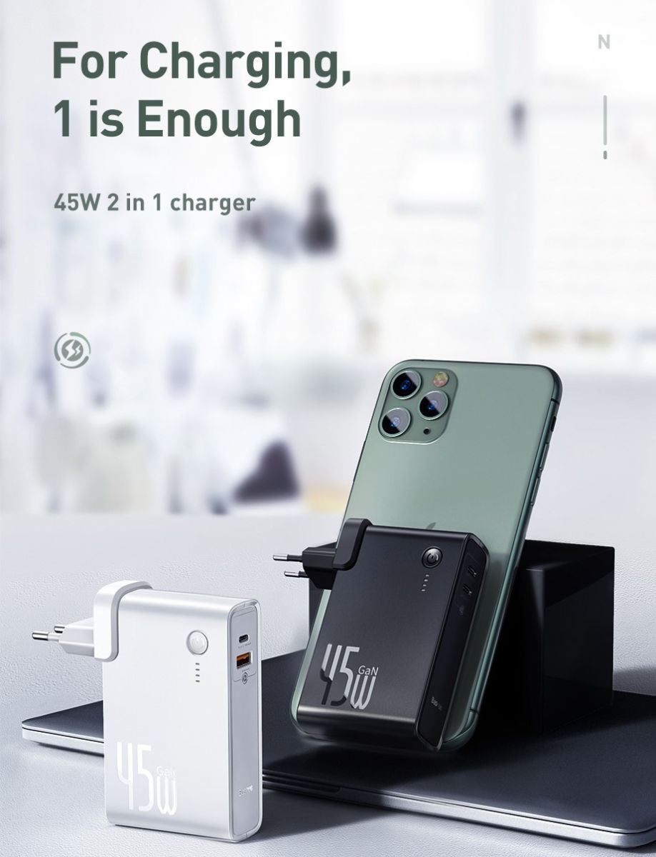 Baseus 2-in-1 Powerbank 10.000mAh en Oplader 45W + USB-C Kabel 1M Wit afbeelding 5