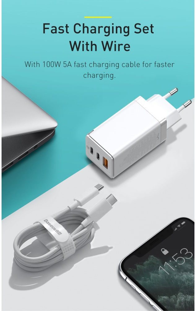 Baseus GaN2 Pro Snellader 65W met PD + USB-C Kabel 1M Zwart afbeelding 5