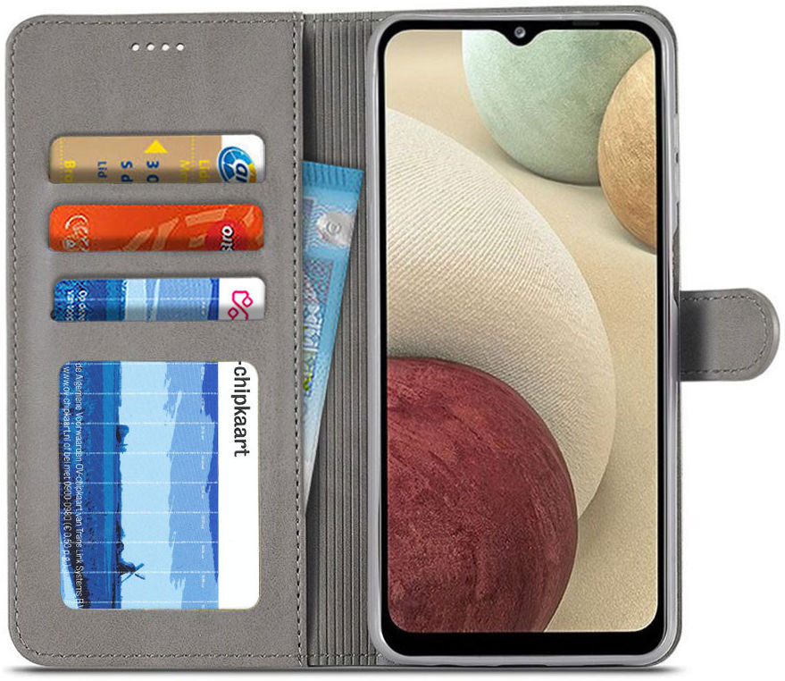 LC.IMEEKE Samsung Galaxy A12 Hoesje Book Case Kunst Leer Grijs afbeelding 2