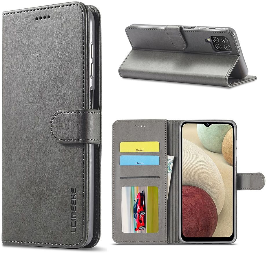 LC.IMEEKE Samsung Galaxy A12 Hoesje Book Case Kunst Leer Grijs afbeelding 6