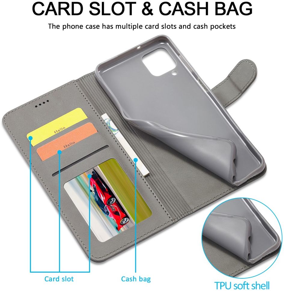LC.IMEEKE Samsung Galaxy A12 Hoesje Book Case Kunst Leer Grijs afbeelding 11