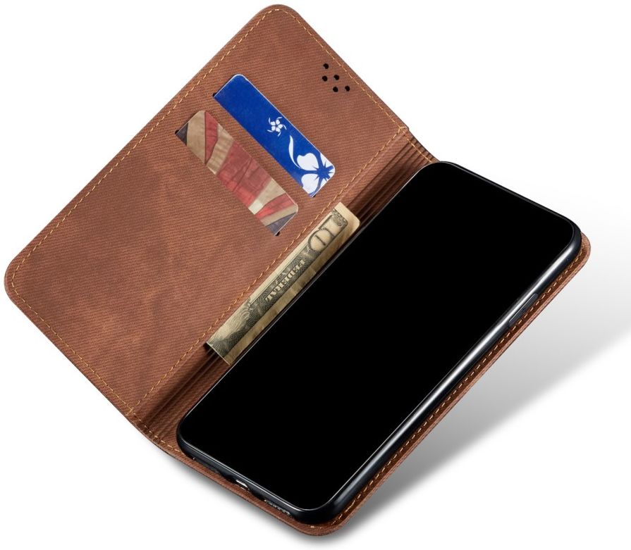 Xiaomi Redmi 9T Hoesje Portemonnee Stof Textuur Book Case Bruin afbeelding 1