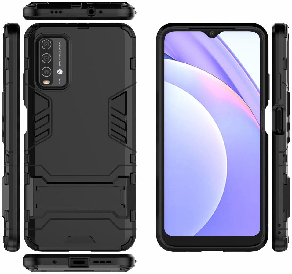 Xiaomi Redmi 9T Hoesje Hybride Back Cover met Kickstand Zwart afbeelding 7