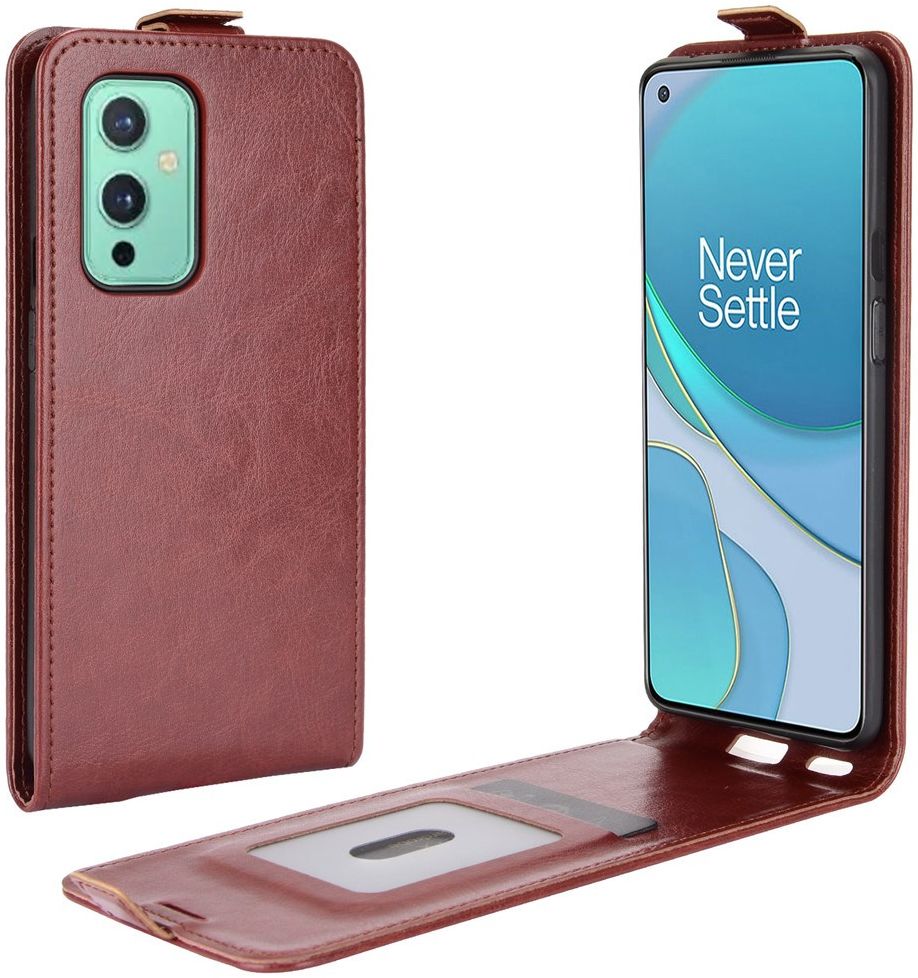 OnePlus 9 Hoesje Verticale Flip Wallet Case Kunstleer Bruin afbeelding 1